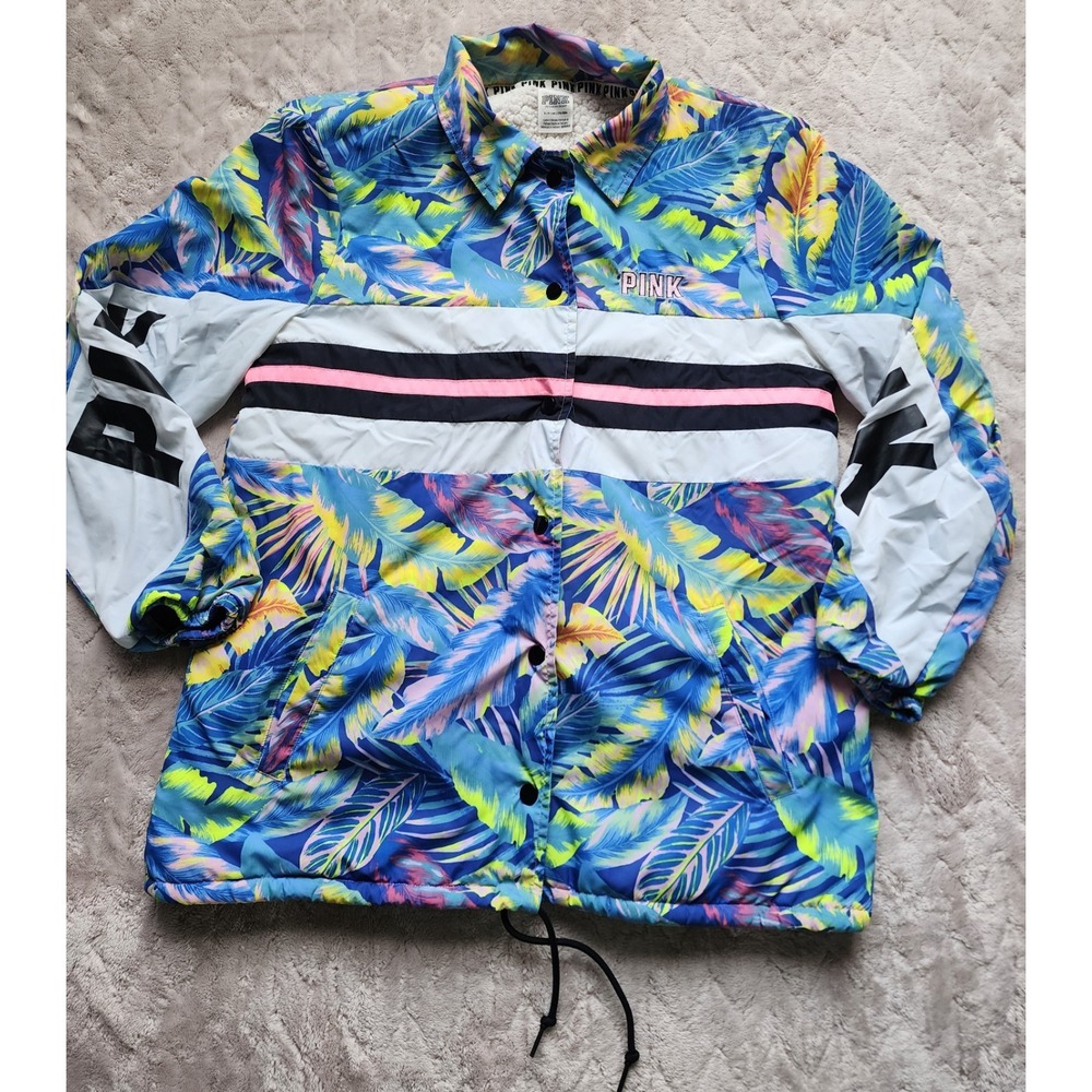 Victoria Secret PINK Tropical Print Sherpa Lined Windbreaker Jacket Womens Small